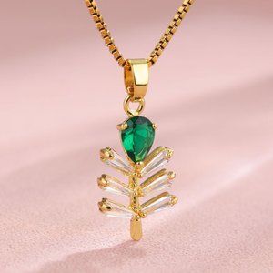 3/$35 Teardrop Leaf 18K Gold Plated Cubic Zirconia Pendant Charm Necklace Steel